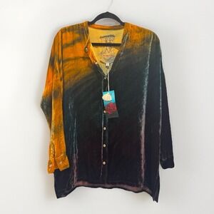 JOHNNY WAS Top Women Blue Velvet Silk Blend Button Up Oversized‎ BOHO Shirt Sz S